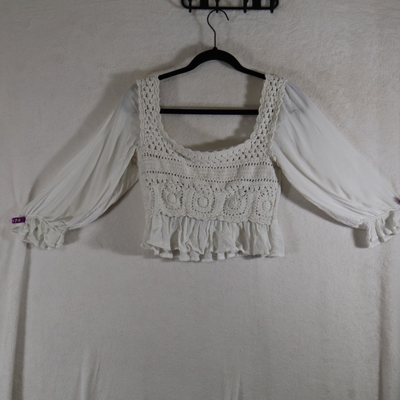 Rebellion Again Tops - Rebellion Again Women's Crochet Boho Peasant Blouse White Long Sleeve Medium